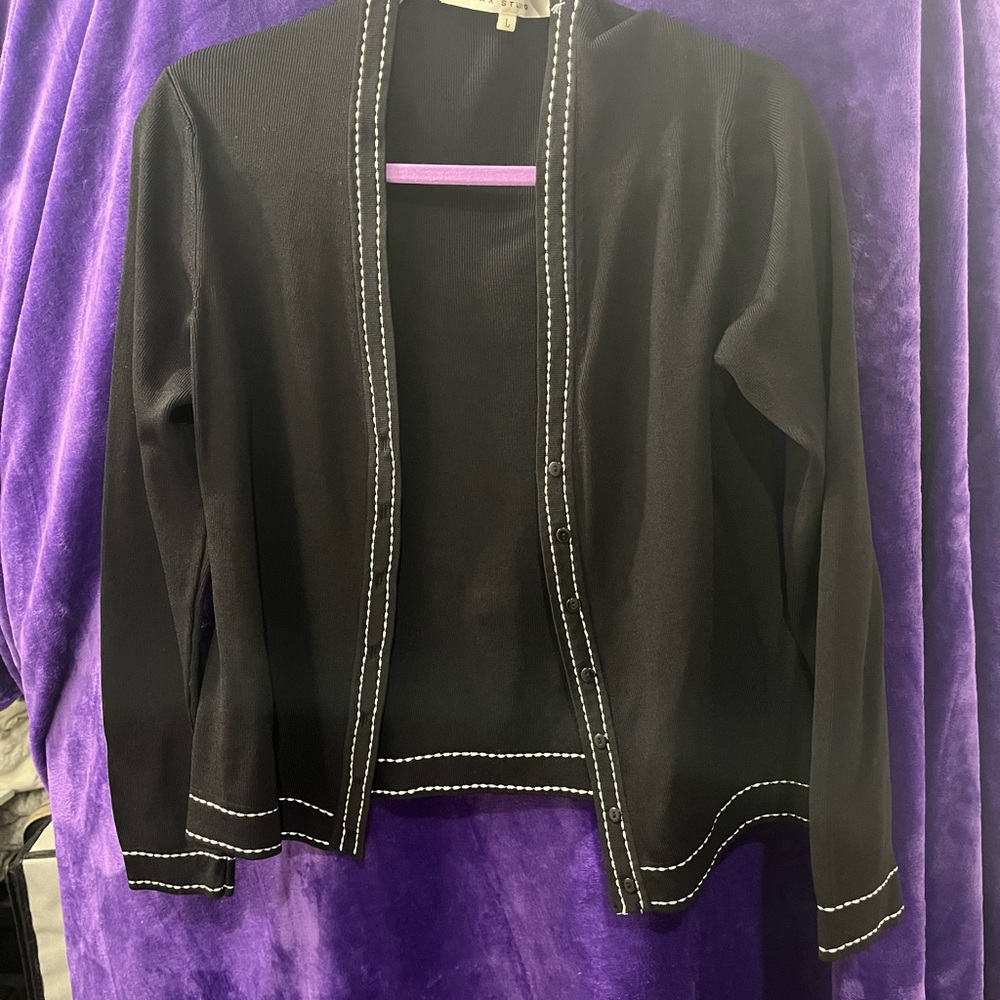 Max Studio Chic Black Women's Cardigan with White Stitching